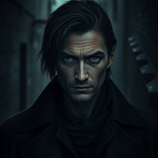 A brooding character portrait of the protagonist from Crimson Shadows, showcasing his dark attire and intense, mysterious gaze against a shadowy alleyway.