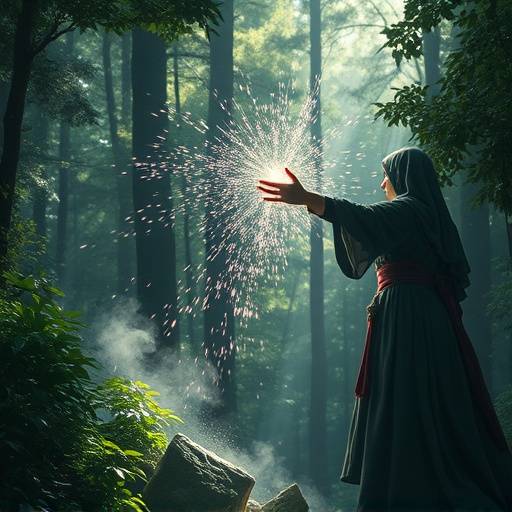 A mage casting a powerful spell in a dense forest clearing from Echoes of the Ancients. The scene is filled with magical particles and vibrant foliage.