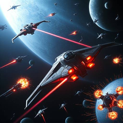 A spaceship battling alien fighters in the dark void of space from Starfall Odyssey. Lasers streak across the screen, and explosions illuminate the scene.