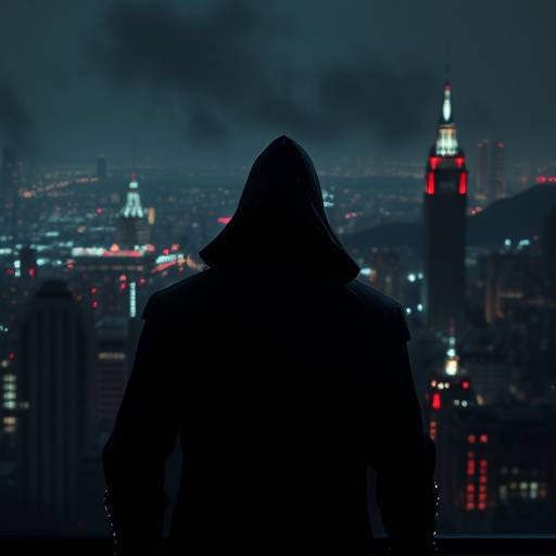 A stealthy assassin, cloaked in shadows, overlooking a sprawling city at night in Crimson Shadows.