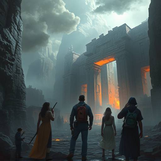 Concept art depicting a diverse group of adventurers exploring ancient ruins, symbolizing Aetherium Games' commitment to diverse gaming worlds.