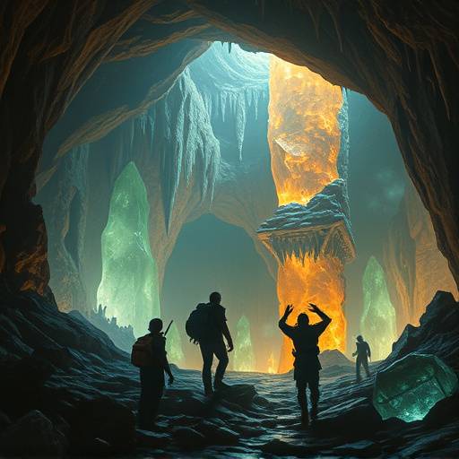 Screenshot depicting a party of adventurers exploring a massive underground cavern filled with glowing crystals and ancient ruins in 'Echoes of the Ancients'.
