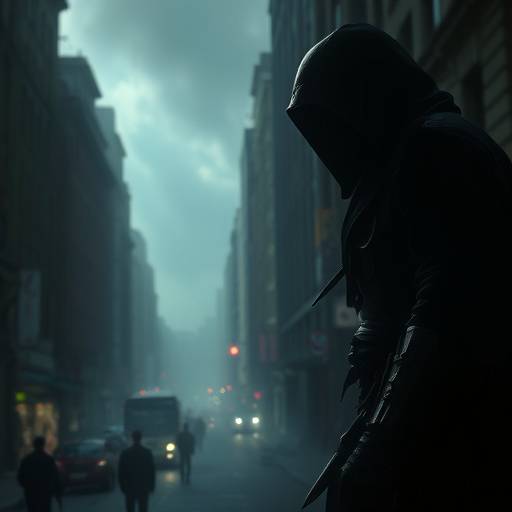 Screenshot from 'Crimson Shadows,' displaying a stealthy assassin navigating a dark and dangerous city.