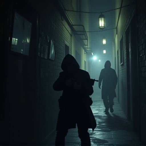 Screenshot from Crimson Shadows: Kael executing a silent takedown on a guard in a dimly lit alley.