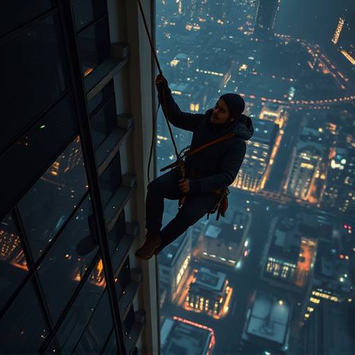 Screenshot from Crimson Shadows: Kael rappelling down a building using a rope, city lights shimmering below.